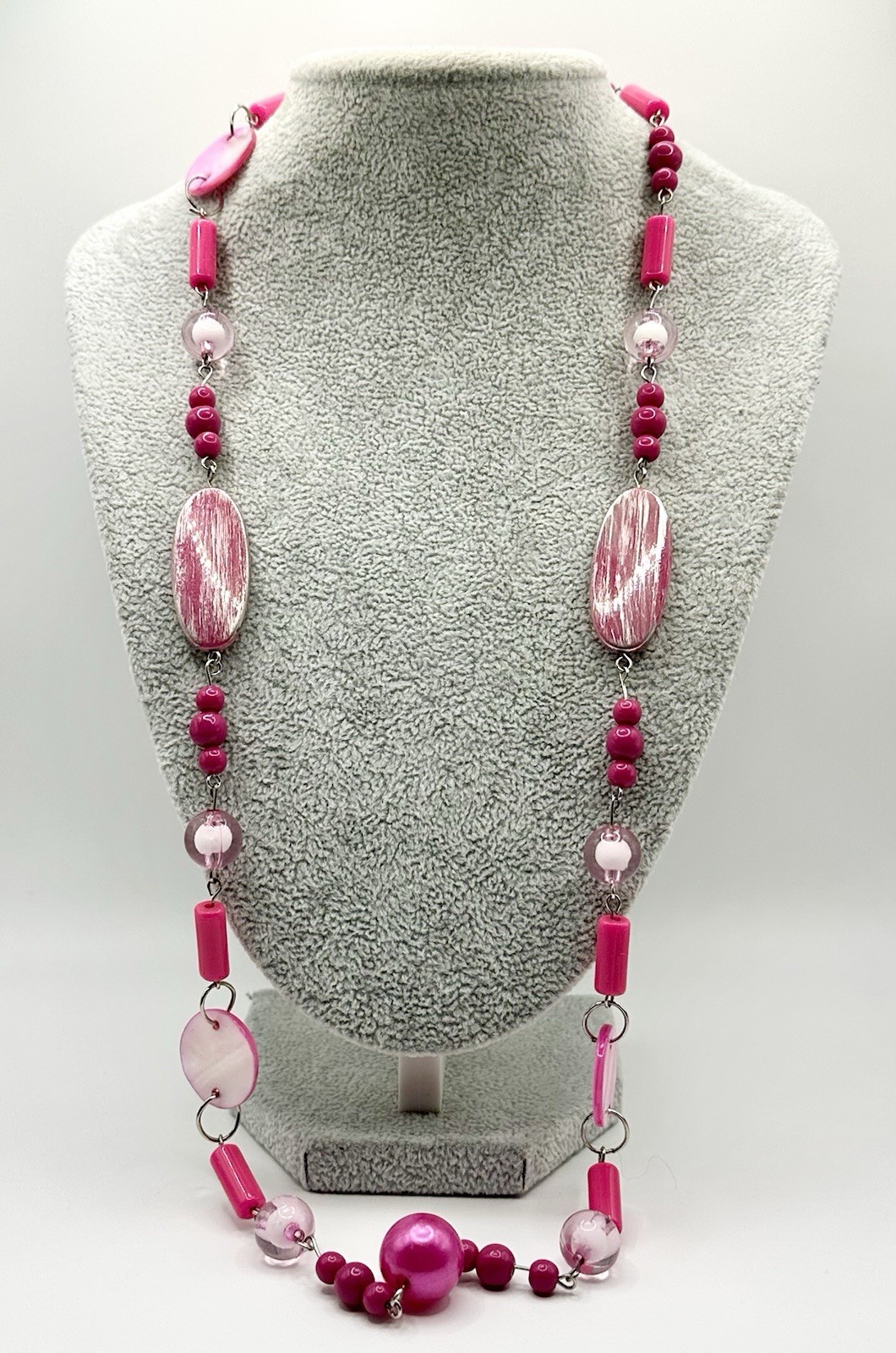 Vintage Pink Acrylic Shell Bead Necklace Y2K Retro Continuous Strand 29”