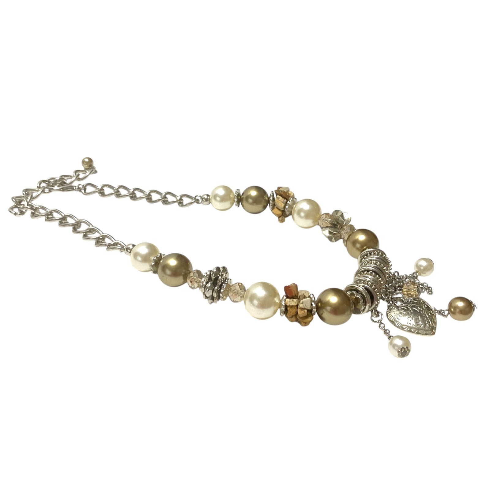 Chunky Charm Statement Necklace Puffy Heart Crystal Simulated Pearl Collar Chain