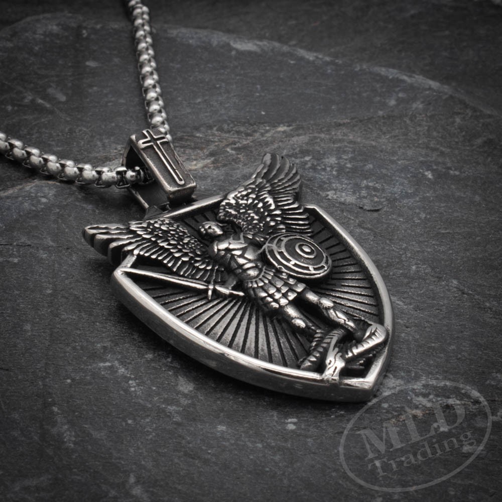 Saint St Michael Shield Pendant Necklace – Stainless Steel Archangel 24″ Chain