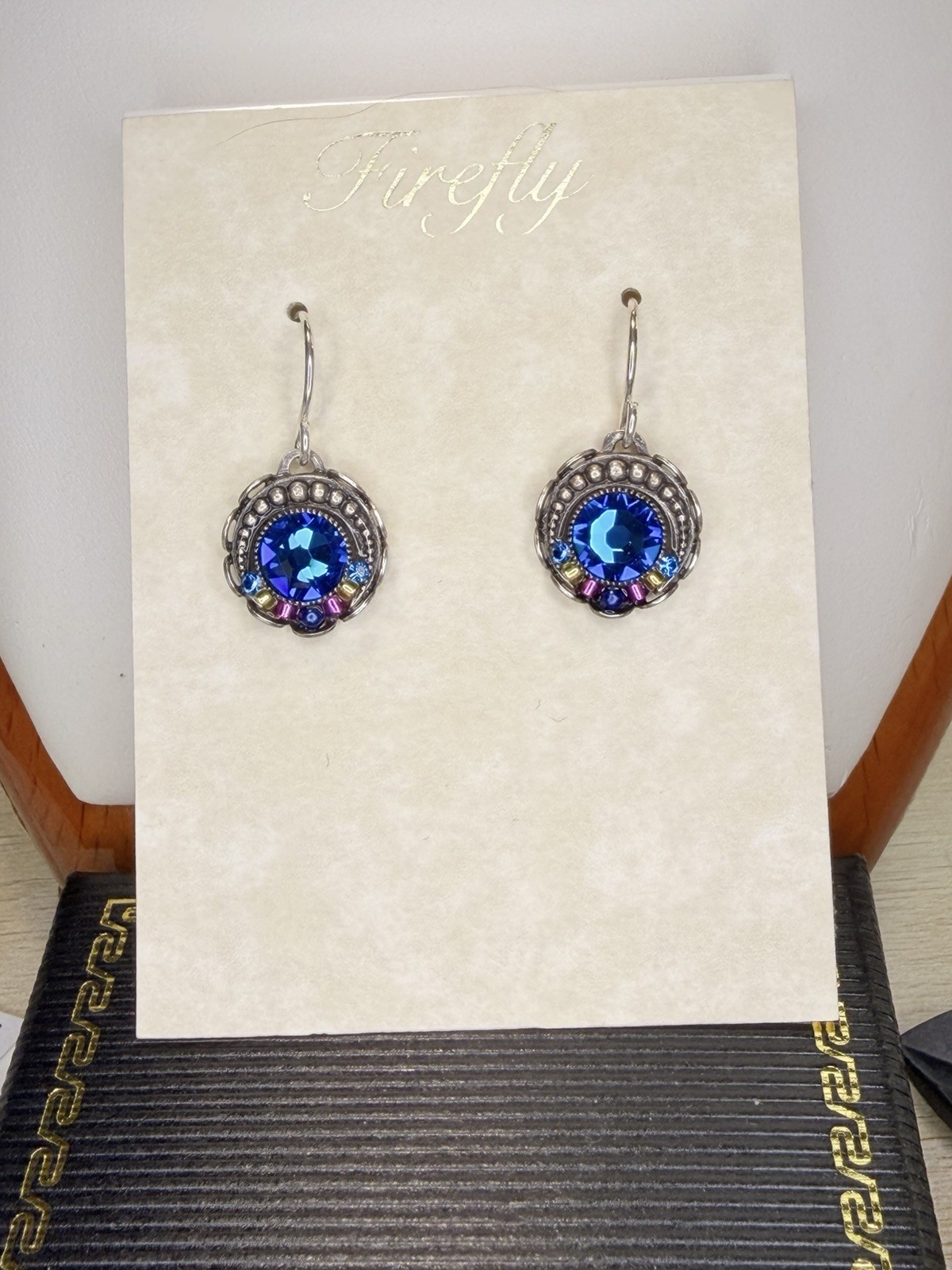 Bermuda Blue Crystal In Silver Frame Round FIREFLY PIERCED EARRINGS 7596-BB