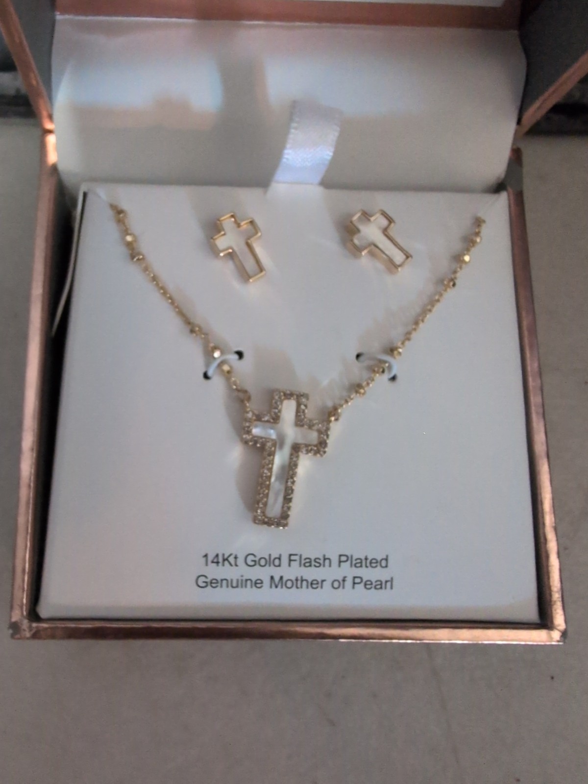 14kt Gold Flash Plated Pearl Cross Necklace & earring. New S4