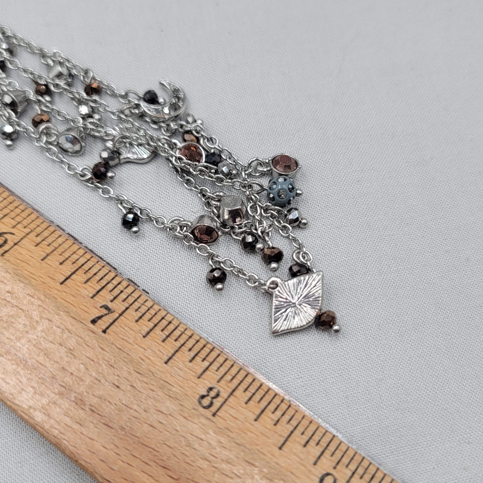 You and I Charm Bead Necklace Doible Chain Silver tone 16″-19″
