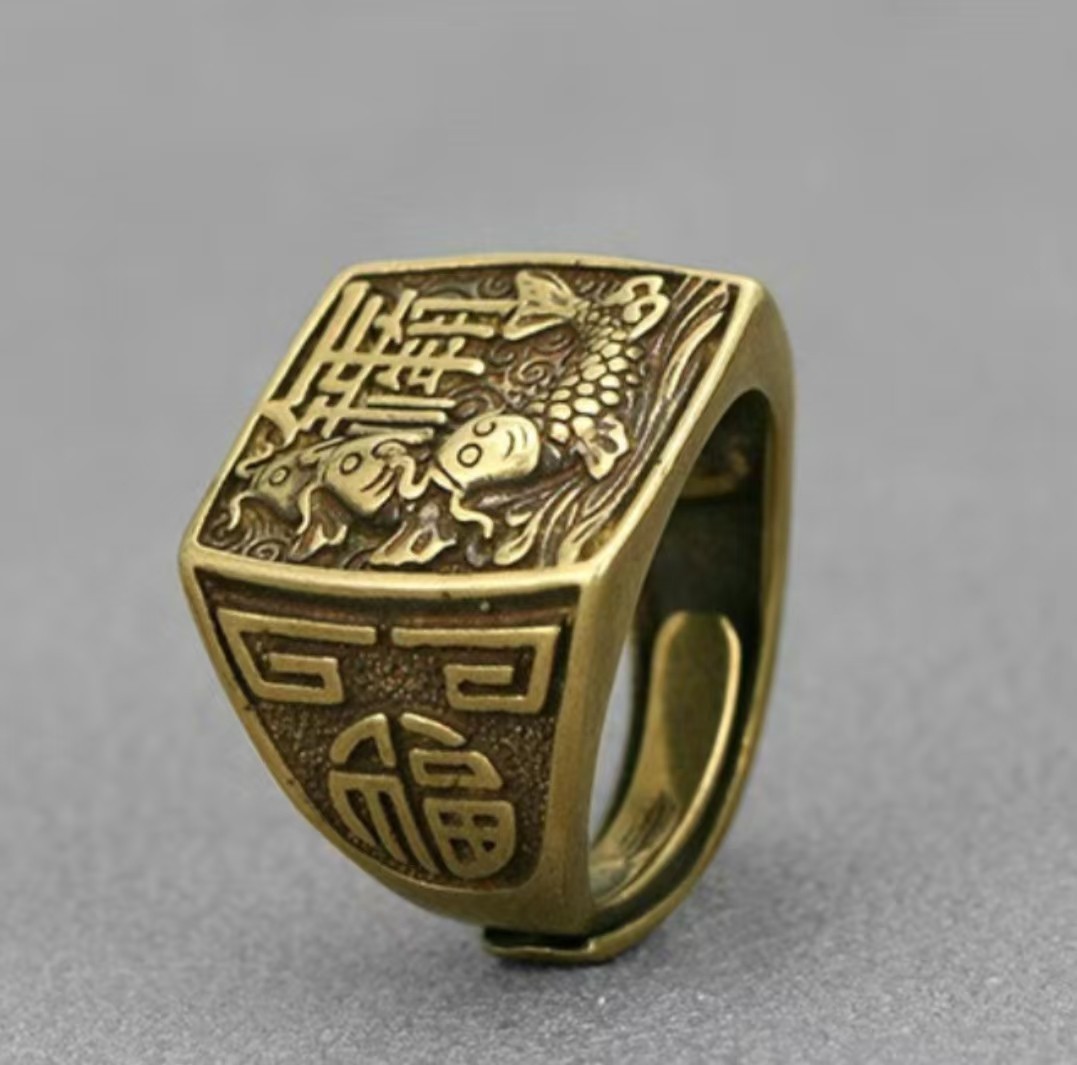 Vintage brass domineering men’s ring, Chinese fish ring with adjustable opening