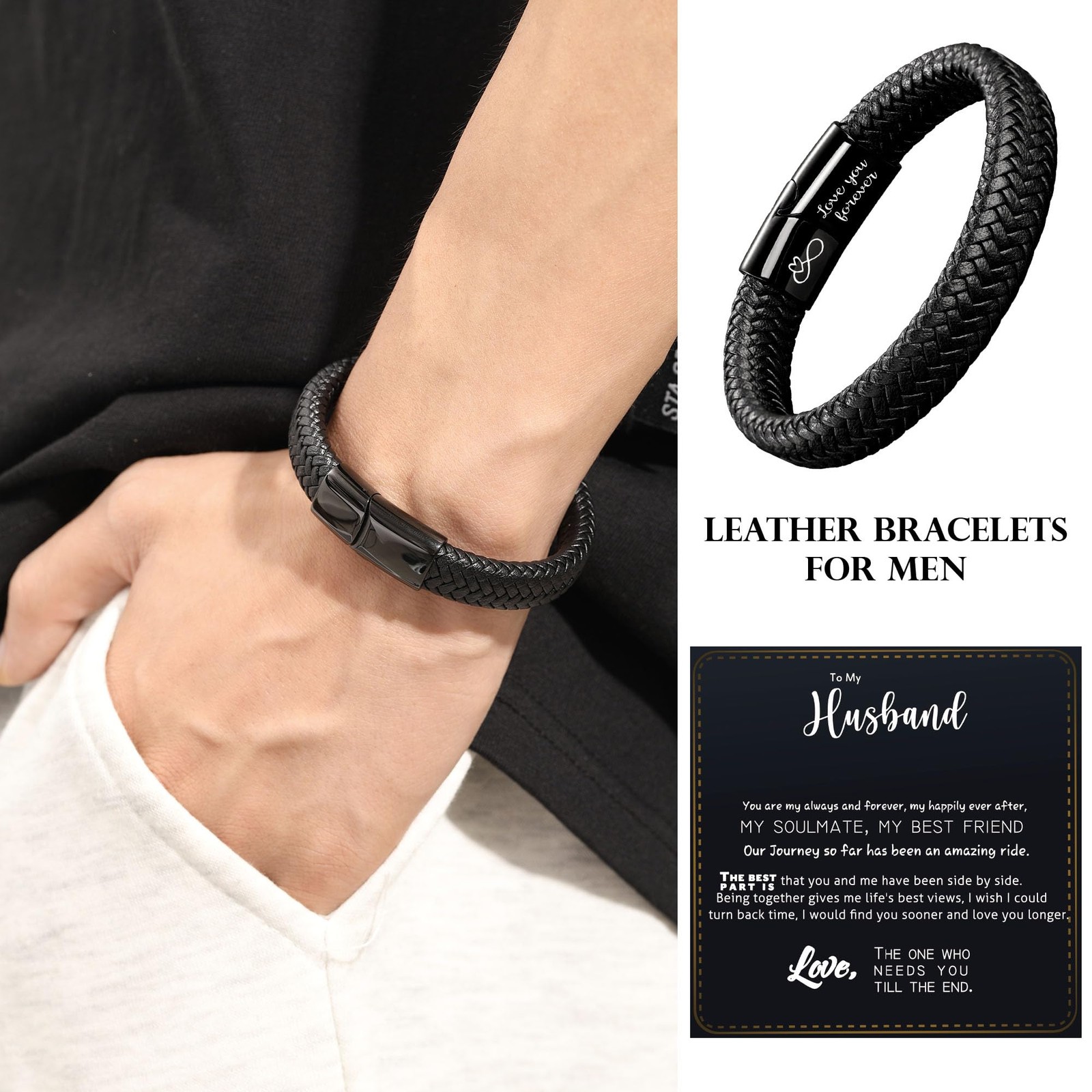 Mens Leather Bracelet I Love You Gifts for Him Men 9 inch To my husband