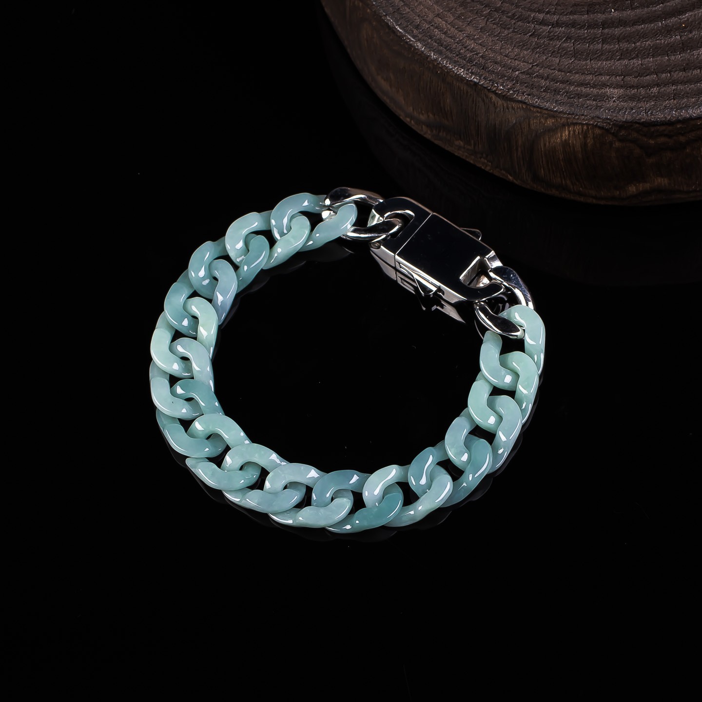Natural Grade A Blue Water Jadeite Cuban Link Bracelet with Titanium Steel Clasp