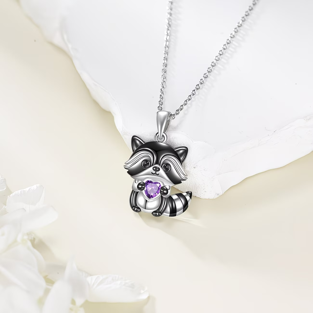 Cute Raccoon With Purple Heart Pendant Necklace Elegant Charm Animal Lover