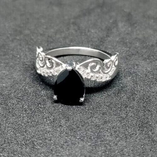 Pear Cut Simulated Black Diamond Women’s Pretty Band Ring 14K White Gold Plated