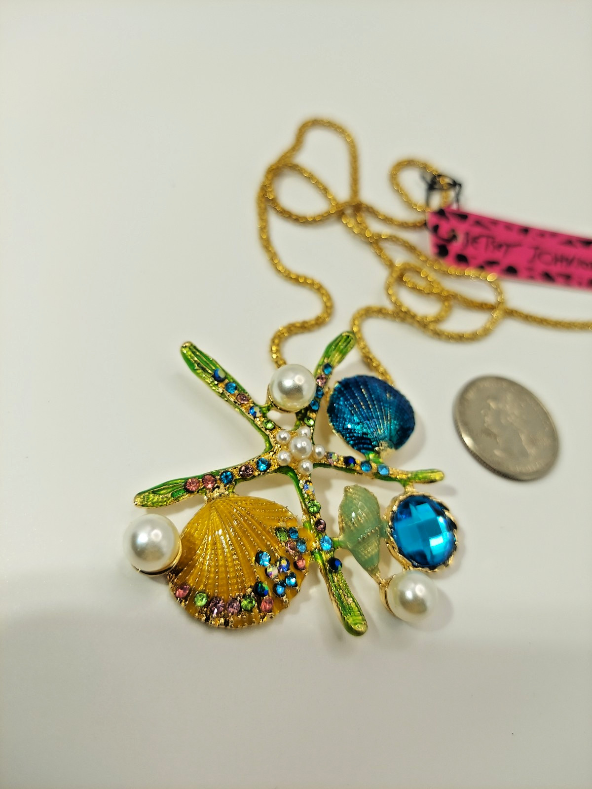 Betsey Johnson Pearl Starfish Seashell Necklace Gold Teal Green Rhinestone-Gift