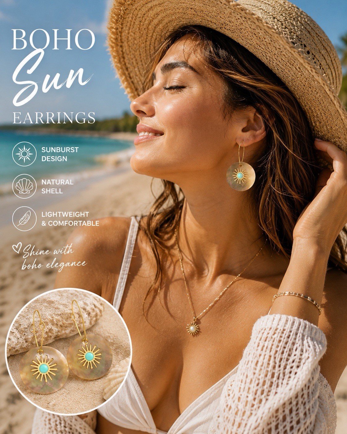 Boho Sunburst Shell Lightweight Gold Dangle Drop Hook Earrings, Round