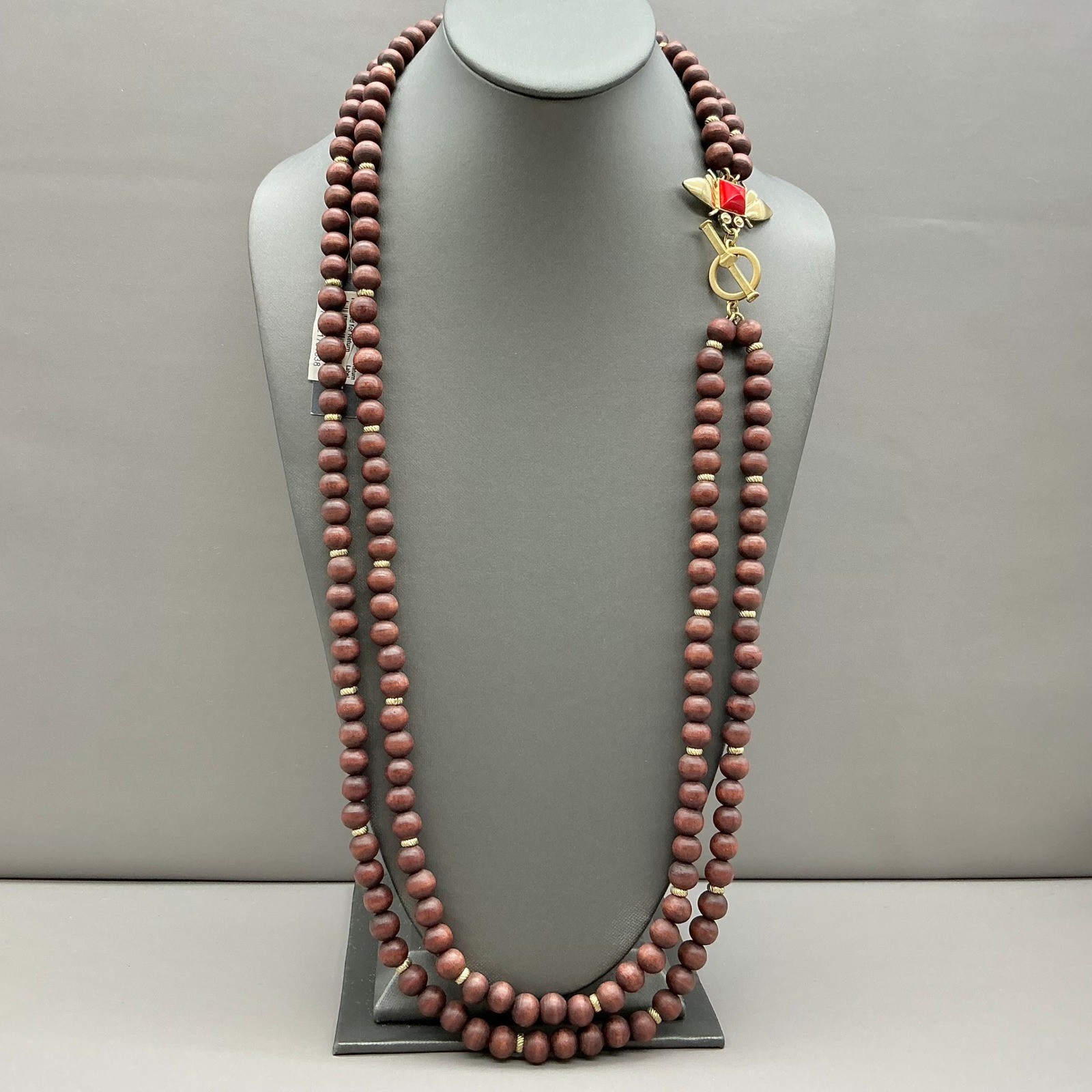 Liz Claiborne Necklace Womens Brown Wood Bead Gold Tone Bee Red Stone 36 Inches