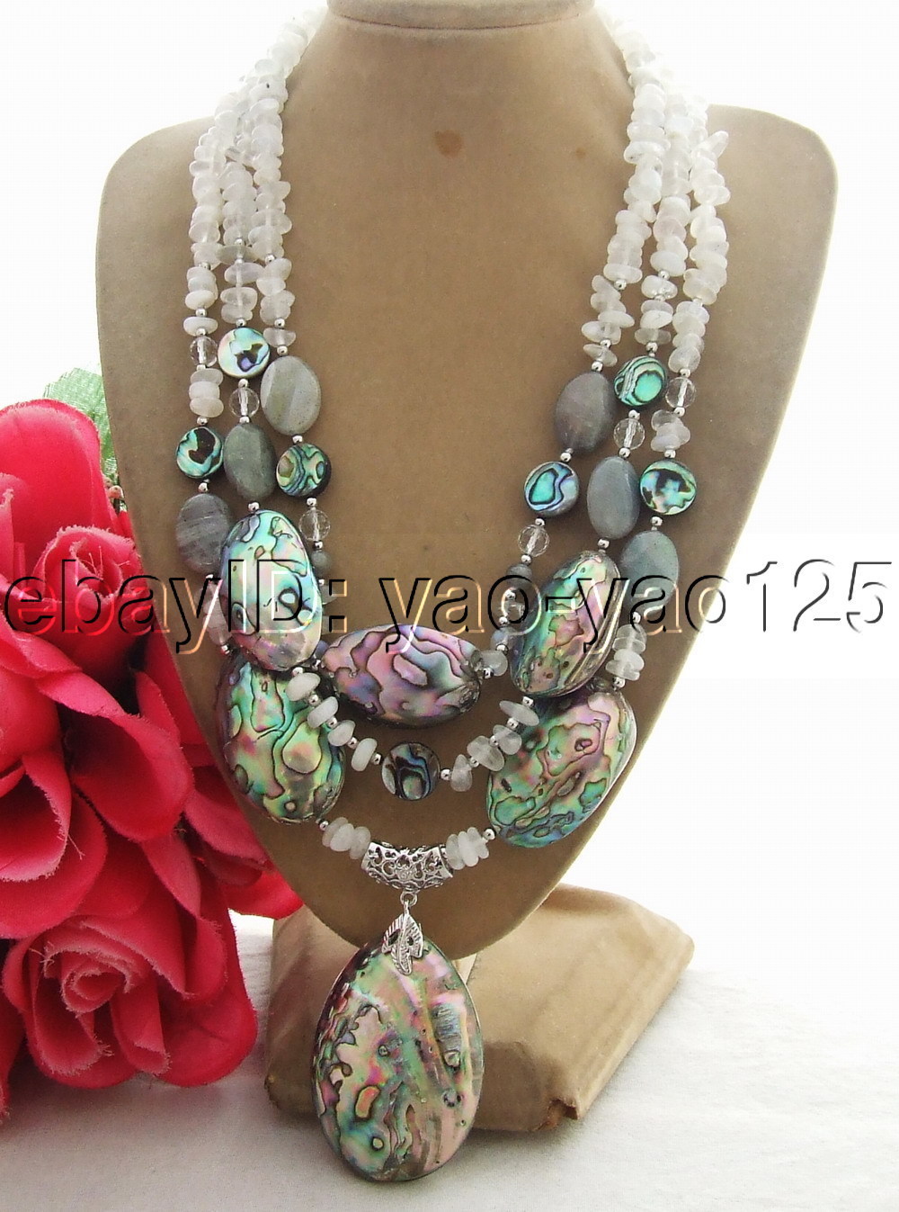 3rows white Moonstone Abalone Shell labradorite Necklace 18″