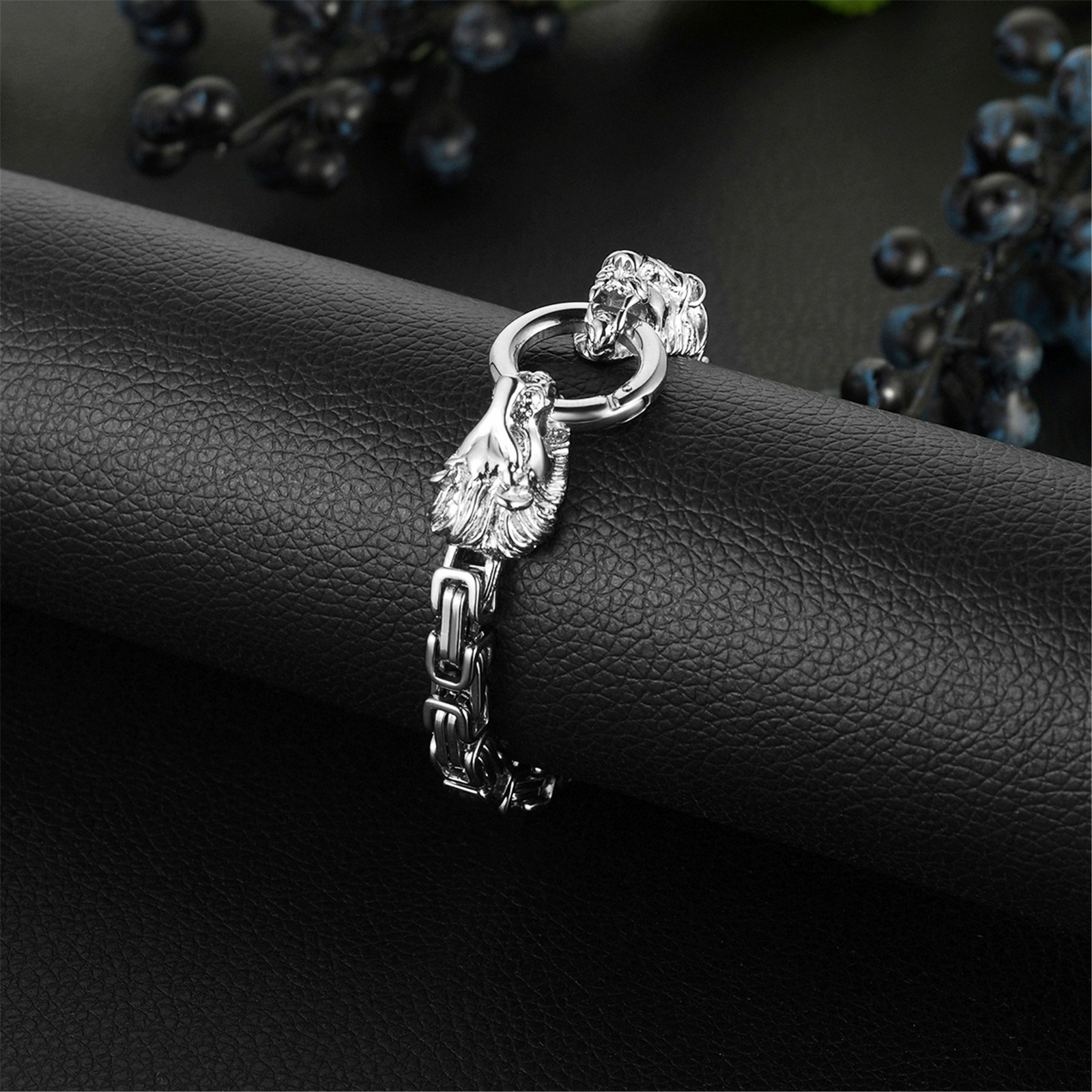 Lion Head Byzantine Box Link Chain Bracelet For Men 316L Stainless Steel Heavy