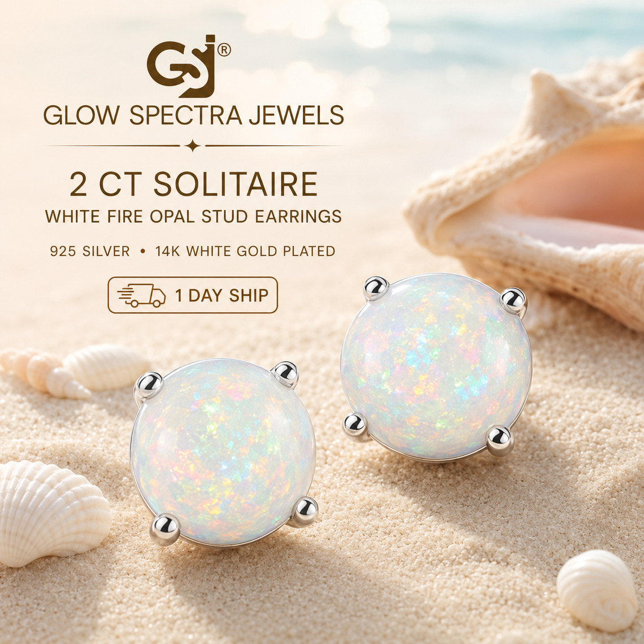 2CT Solitaire Lab Created Fir Opal Stud Erring Screw Back 14k White Gold Plated
