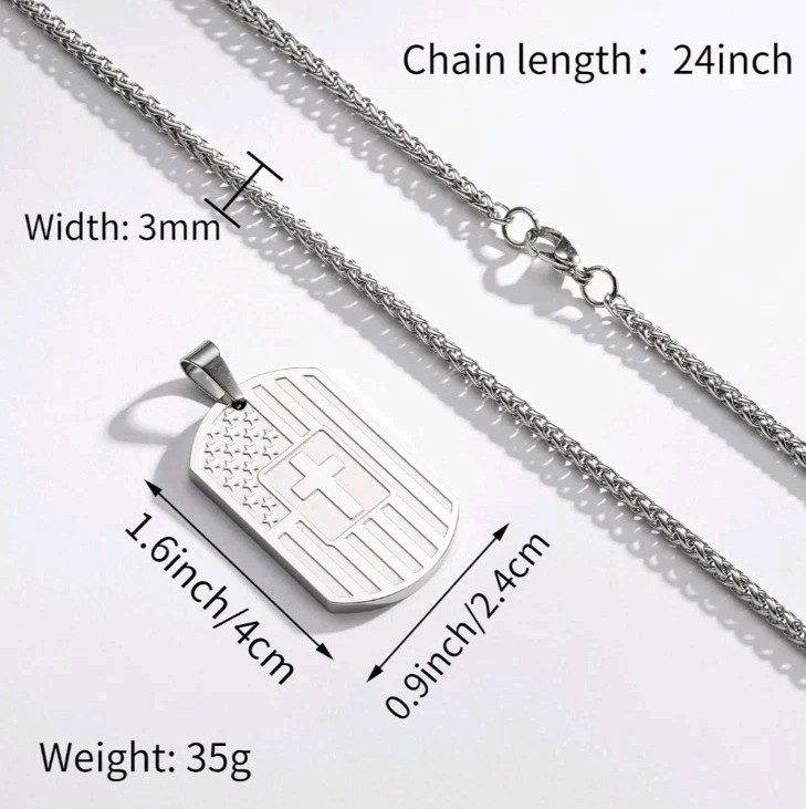 Dog Tag Cross Necklace for Men Boys, 24 Inches American Flag Bible Verse Pendant