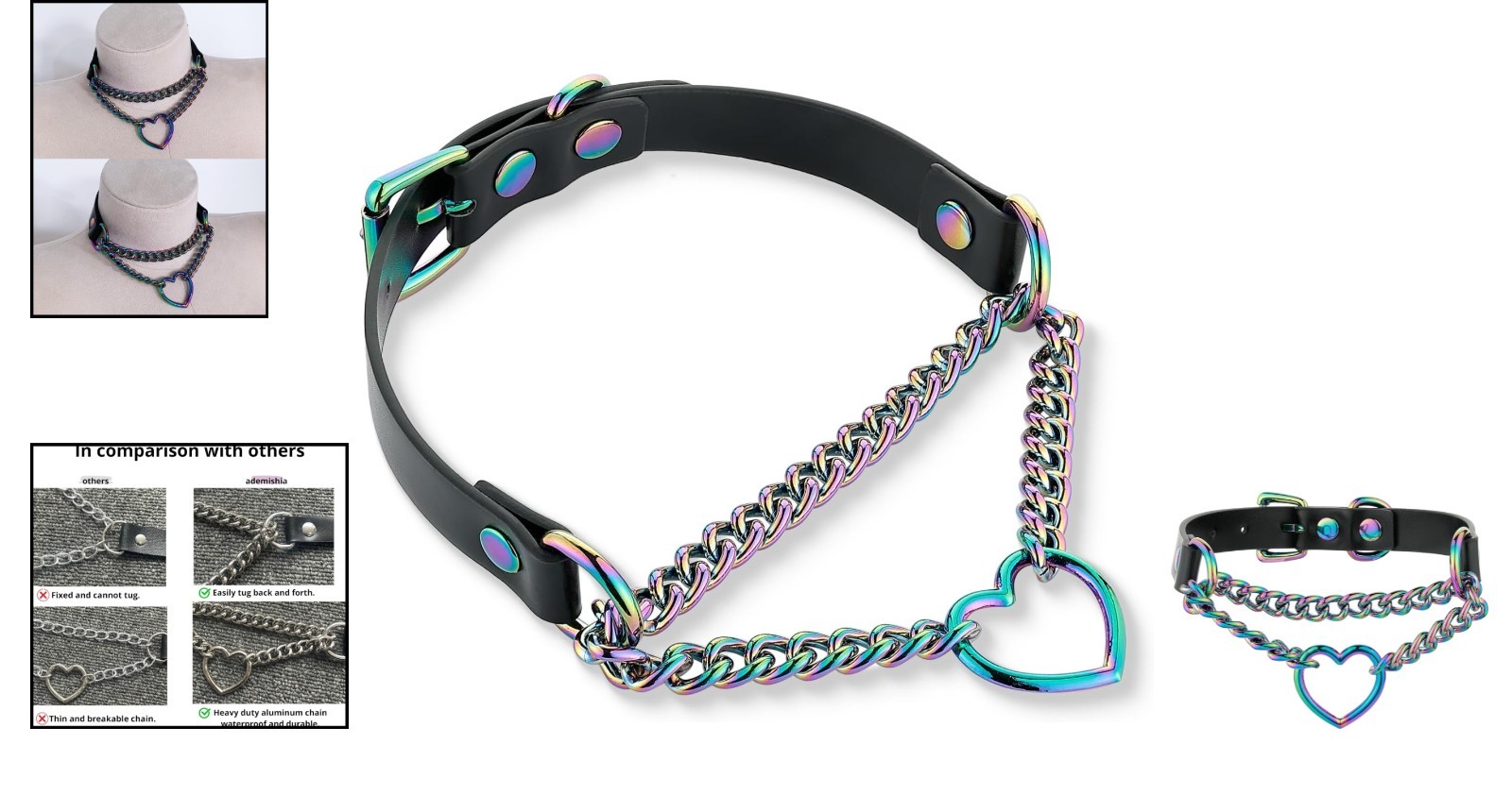 Unique Black Leather Choker with Rainbow Heart Ring, Adjustable Fit