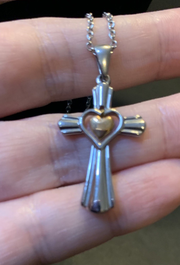 Silver Tone Cross w/ Copper Color Dangle Heart Pendant Necklace 18” Simple Cute
