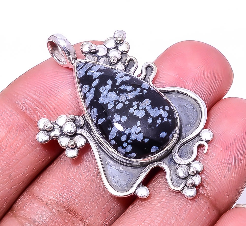 Natural Snowflake Obsidian Oxidised 925 Sterling Silver Pendant 1.72″P63