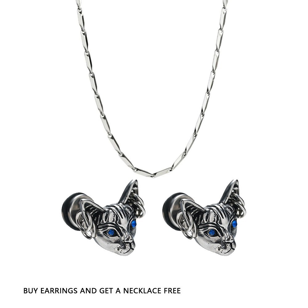 Mens Cat Head Stud Earrings Blue Eye CZ Gothic Punk Rock get necklace free