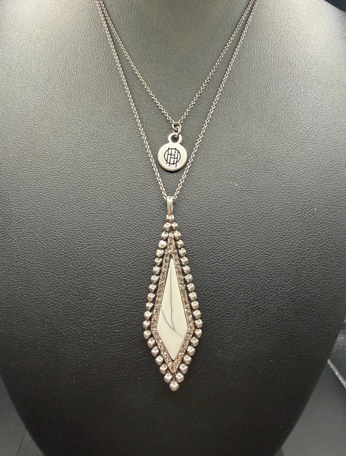 House of Harlow 1960 Geometric Pendant Necklace | White Inlay, Crystal Accents