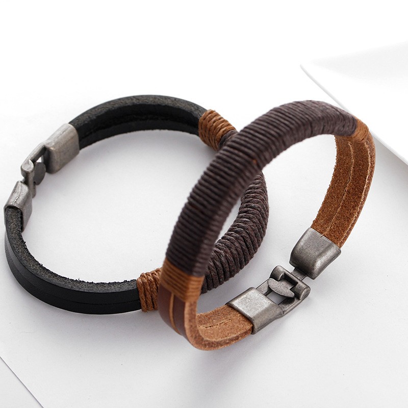 New Surfer Men’s Vintage Hemp Wrap Leather Wristband Bracelet Cuff Black Brown