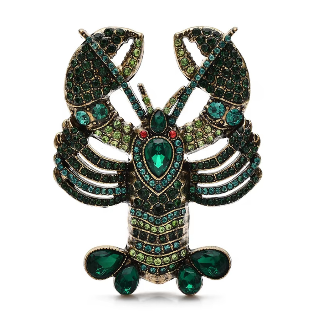 Green Crystal Lobster Brooch Pin Sparkly Rhinestone Animal Statement JewelryGift