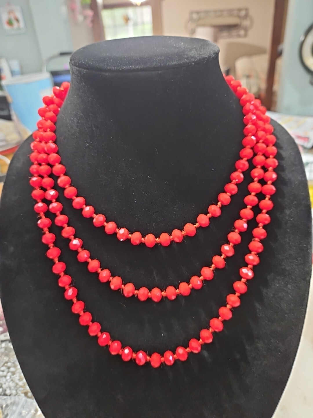 New Red Necklace Glass Beads AB Long 62 In Hand Knotted Christmas Well Made