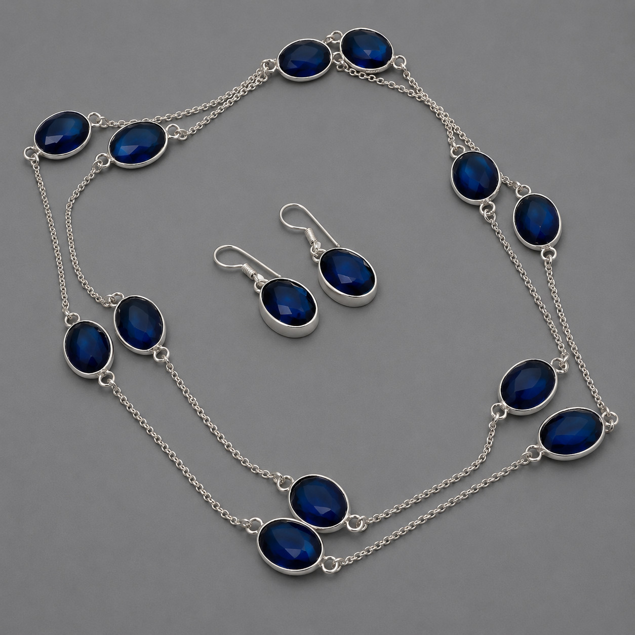 Iolite Oval Shape Gemstone Handmade Antique Design Decent Jewelry Chain+Earrings