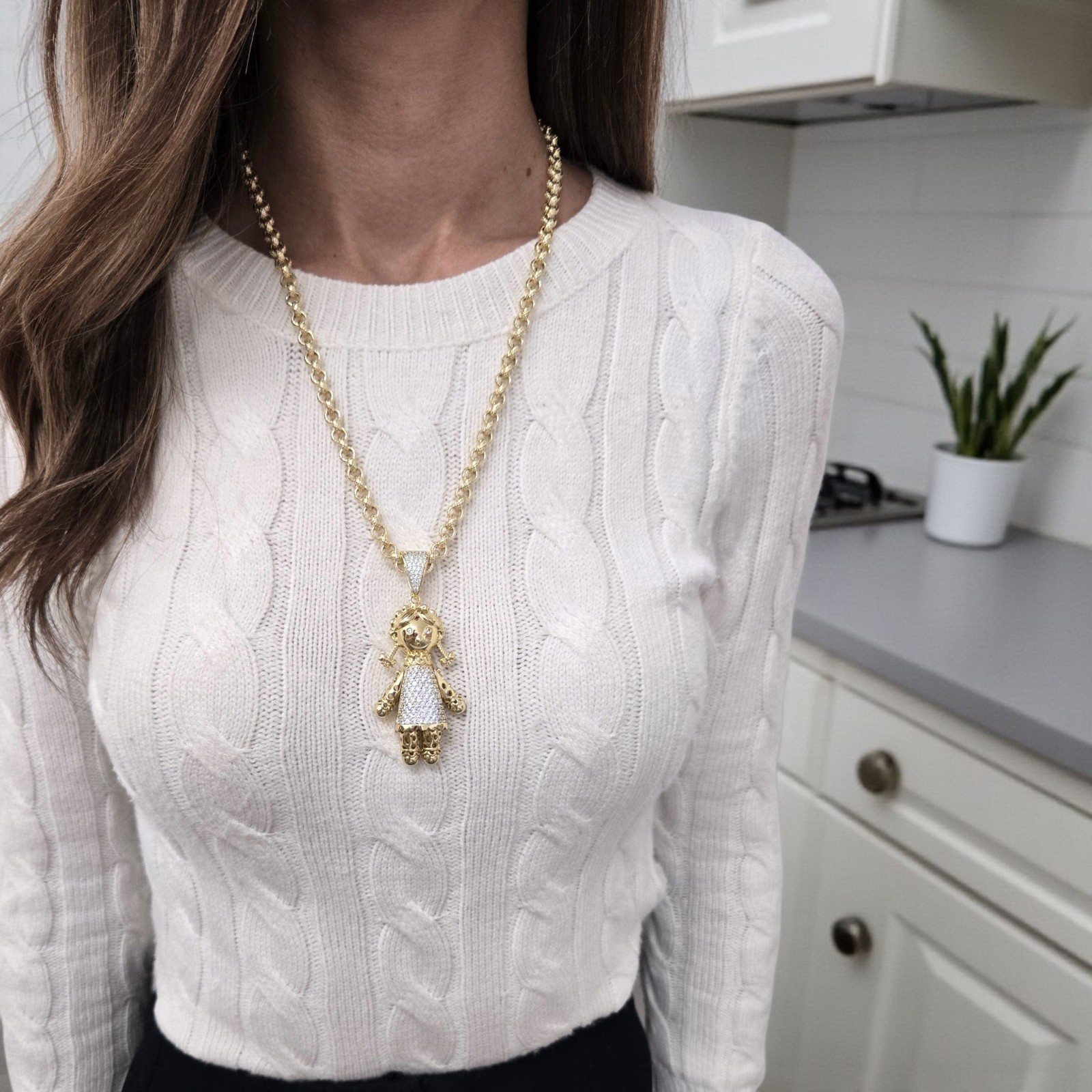 9ct Gold XP Ragdoll Pendant On Belcher Chain Full Cz Gold Dolly Pendant Plated