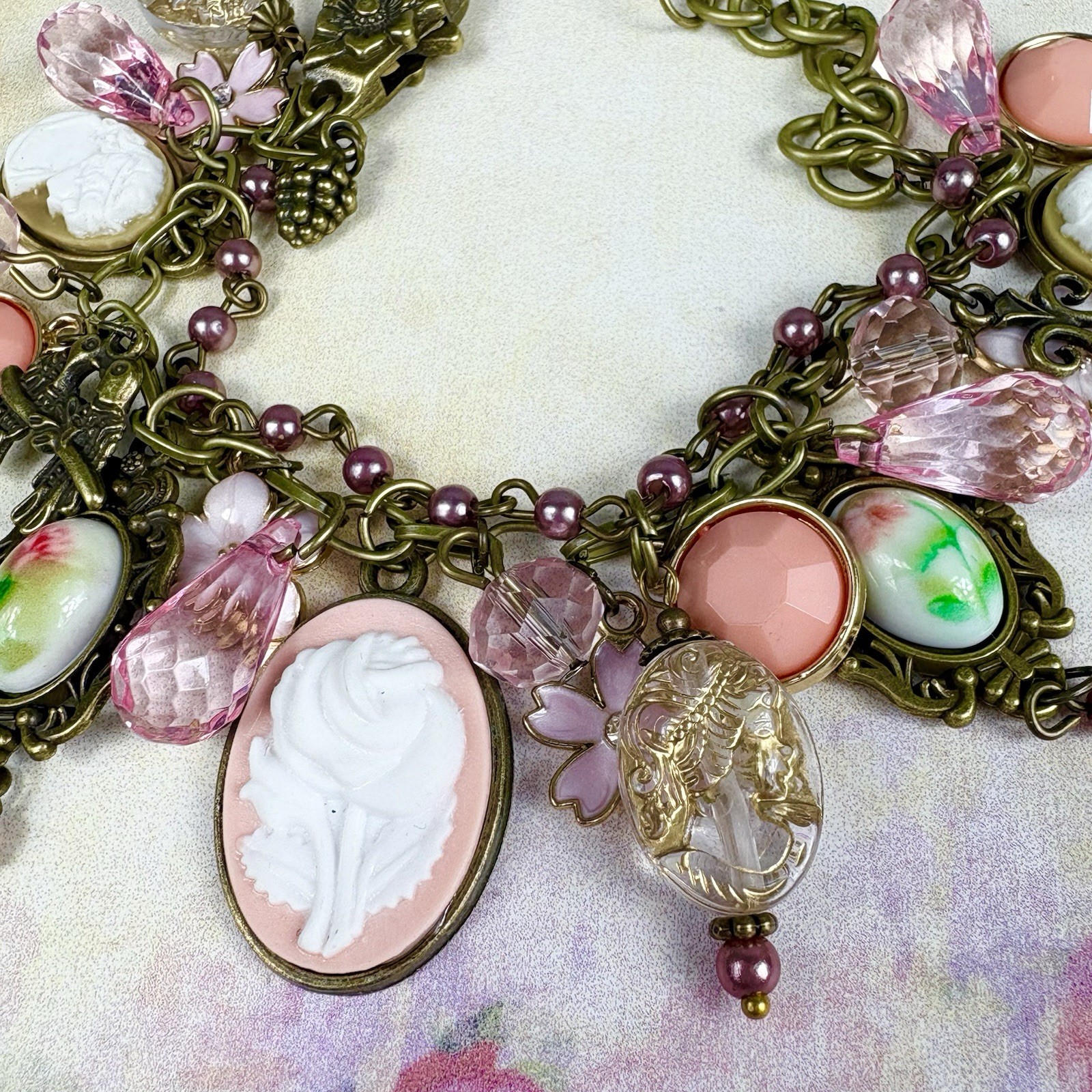 Vintage Style Charm Bracelet Cameo Pink Brass Chain
