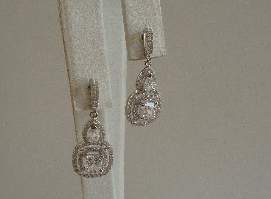 925 STERLING SILVER CLEAR TEARDROP SQUARE DANGLING EARRINGS W/ 4 CT LAB STONES