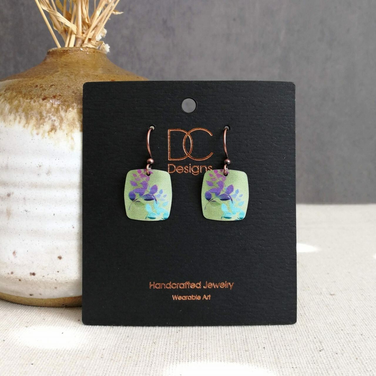 DC Designs Abstract Foliage Small Square Earrings in Green and Purple 33NS
