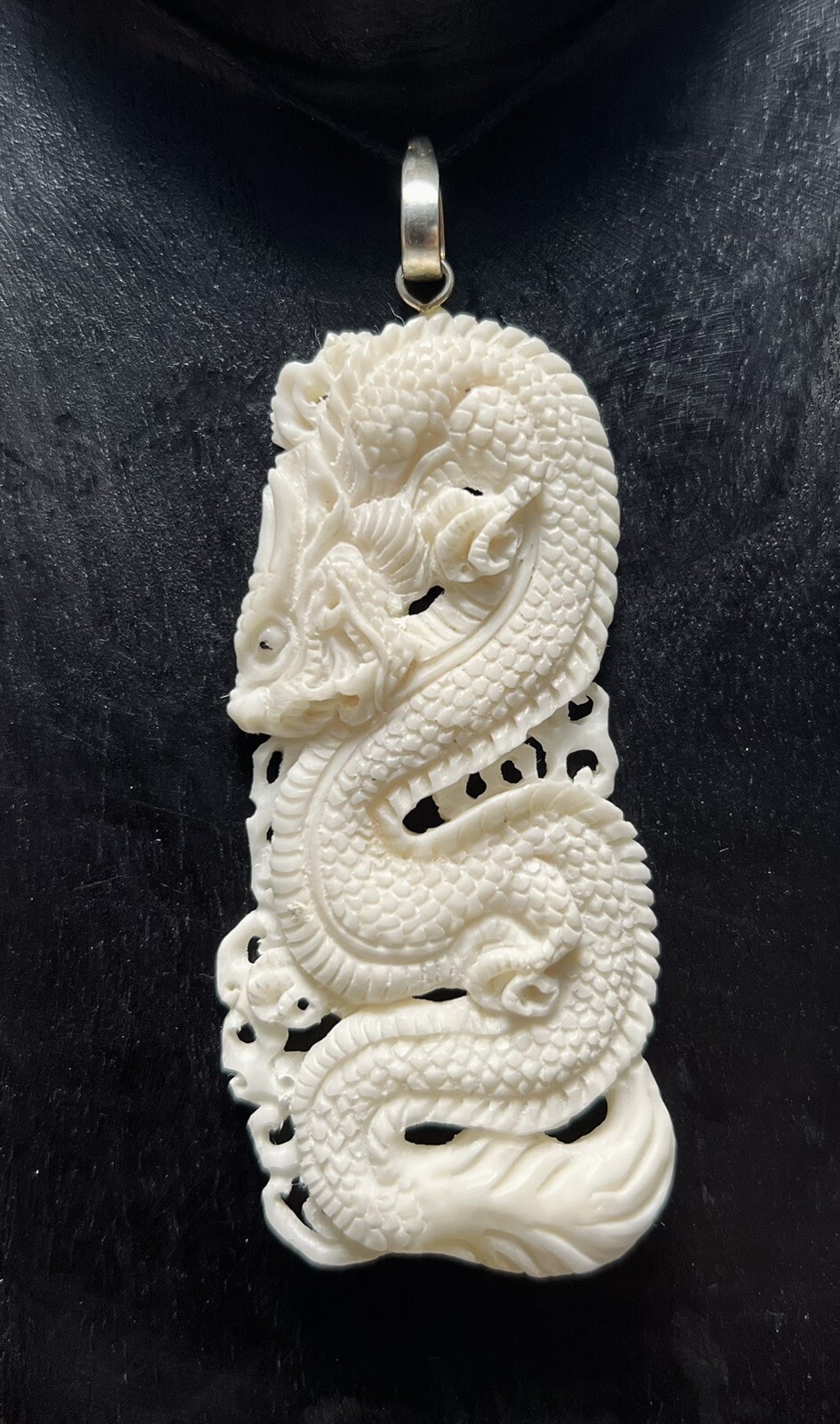 Dragon Chinese Fierce Sterling Silver 925 Hand Carved Bone Cow Pendant Necklace