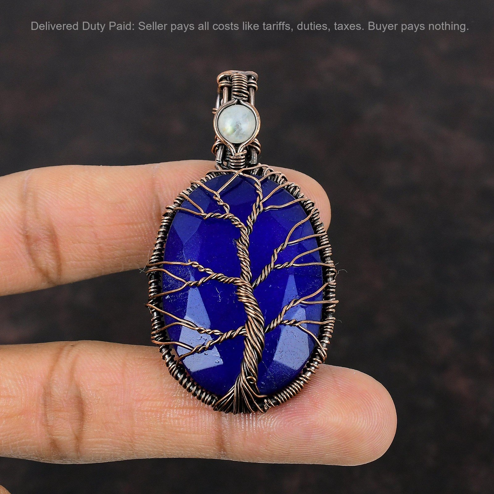 Blue Saphire Stone Rainbow Moonstone Wire Wrapped Tree Of Life Pendant Copper