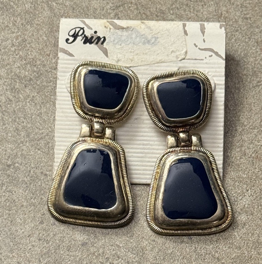 Vintage Primavera Enamel Double Trapezoid Drop Pierced Earrings Navy Blue