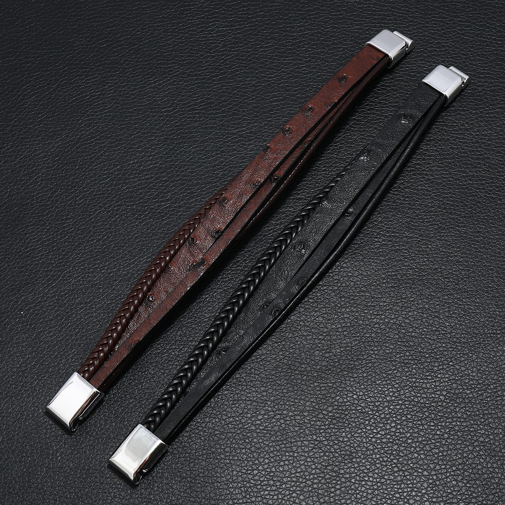 Men’s Black Leather Braided Bracelet Magnetic Clasp Charm Cuff Punk Rock