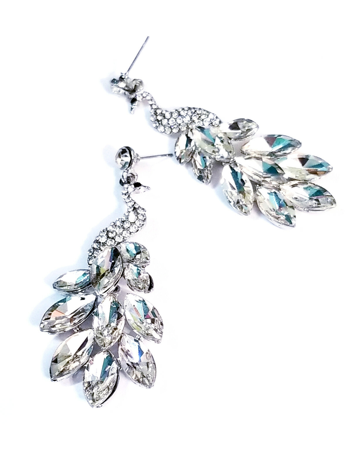 Peacock Drop Earrings Rhinestone Chandelier 2.9 inch Clear