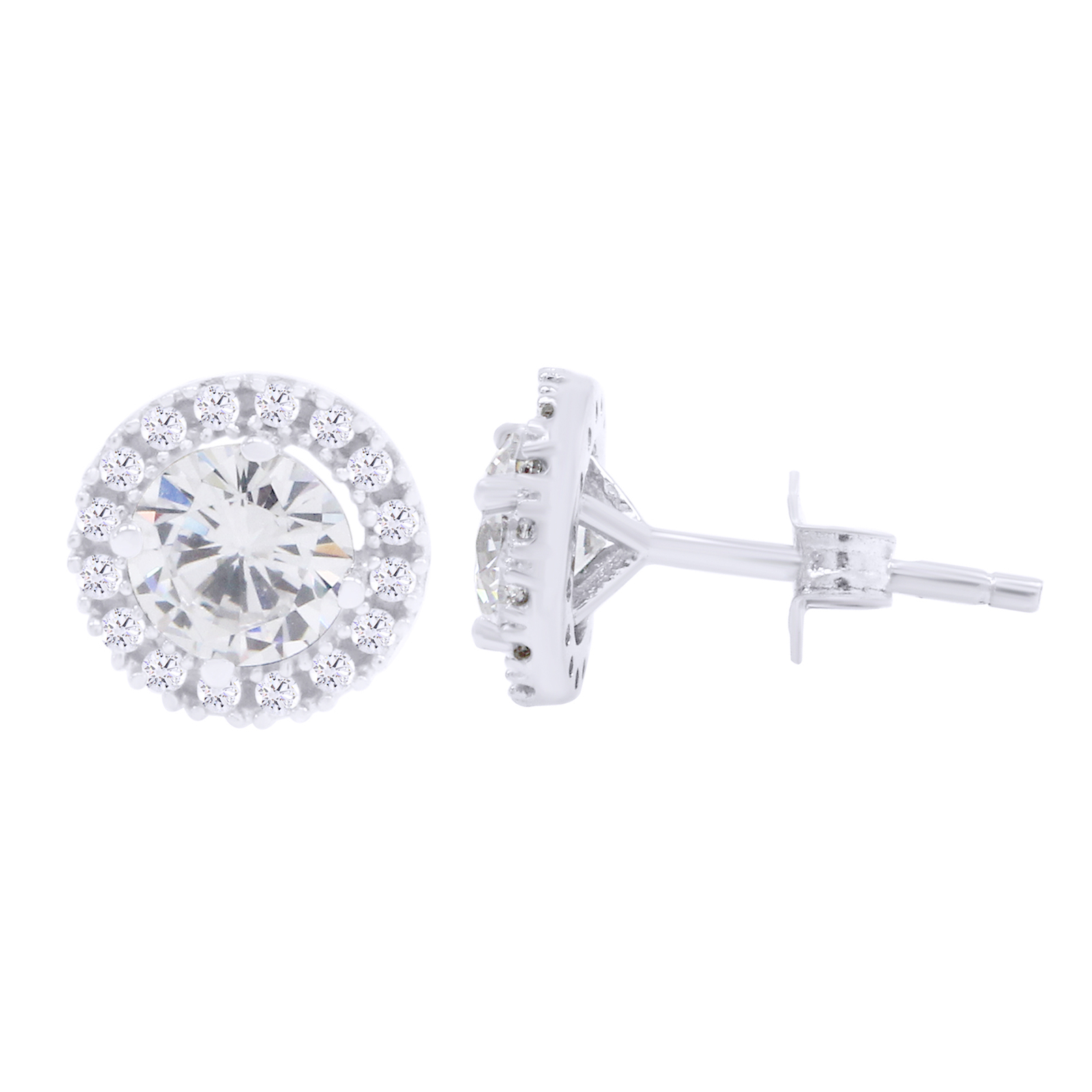 Halo Stud Earrings 14K White Gold For Womens With Push back