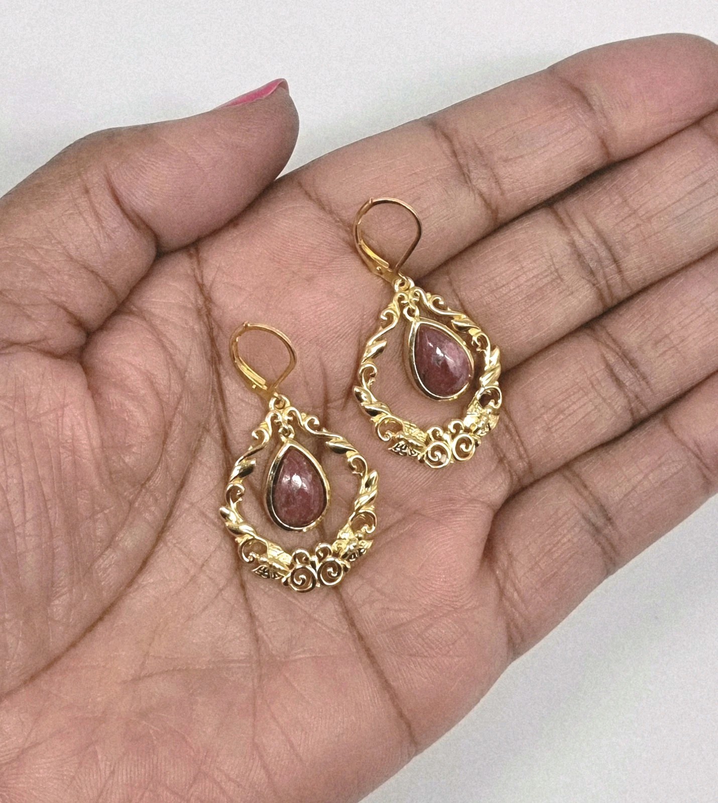 Earrings Dangle 4.2cm Thulite Gemstone Gold Plated Lever Close Occasion Gifting