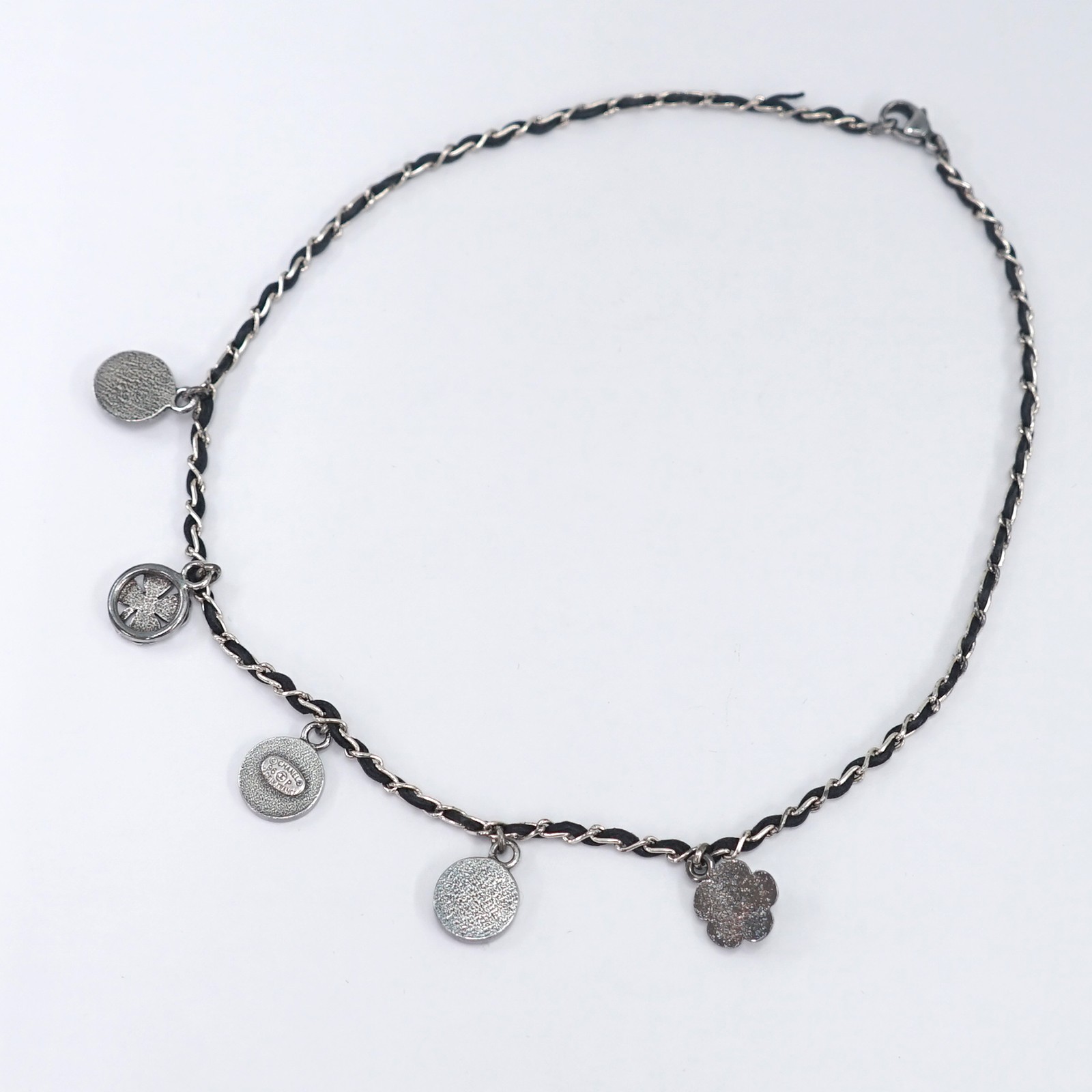 CHANEL Multi Charm Leather Clover Camellia Coin Necklace 16″ Gray Tone 96P Auth