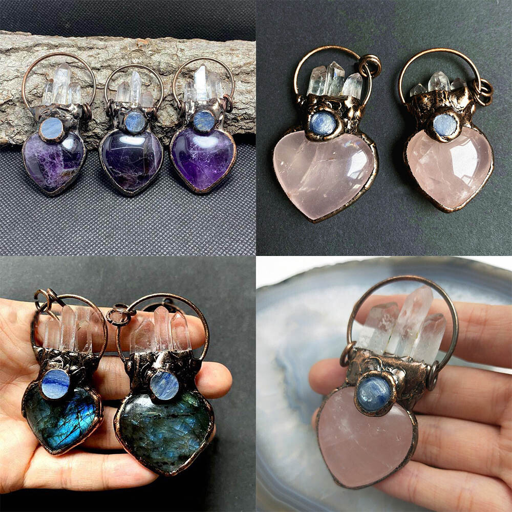 Natural Quartz Crystal Amethyst Labradorite Heart Pendant Necklace Healing Reiki