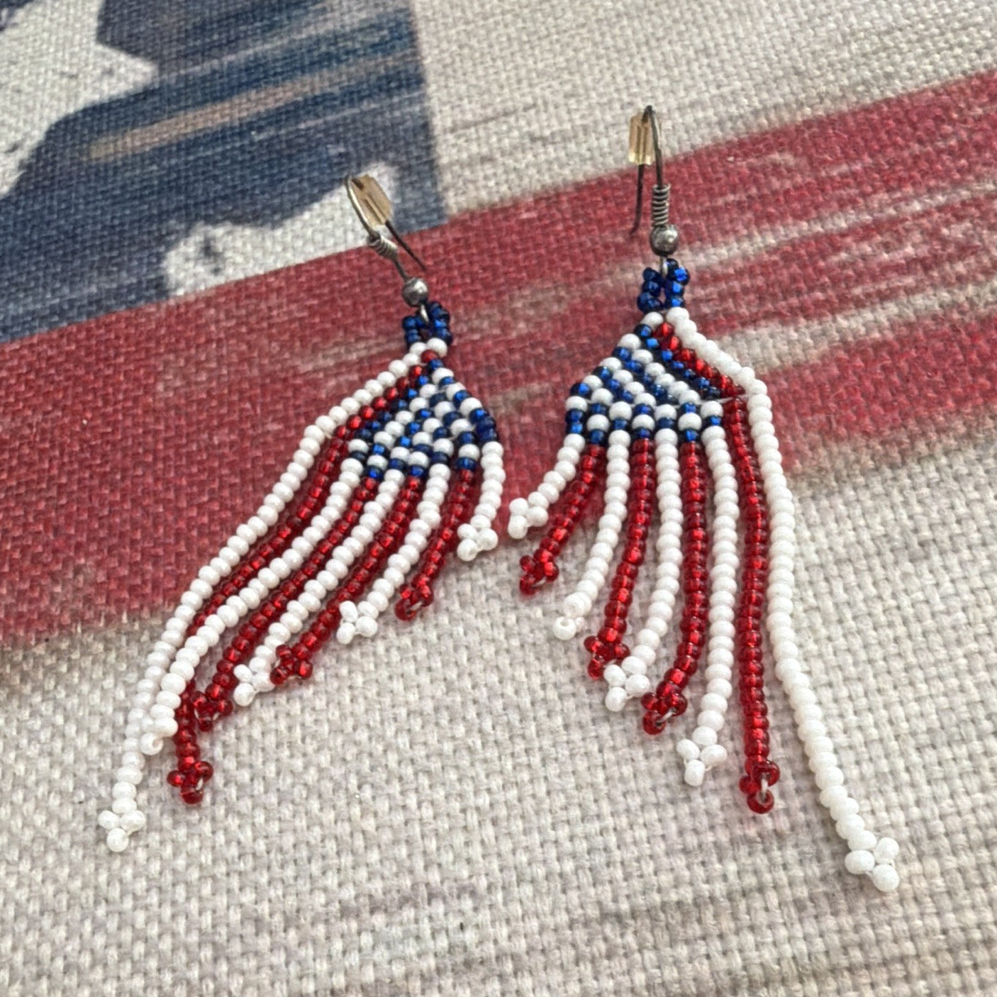 Red White Blue Flag Beaded Dangle/Drop Earrings Hook Closure No Stone