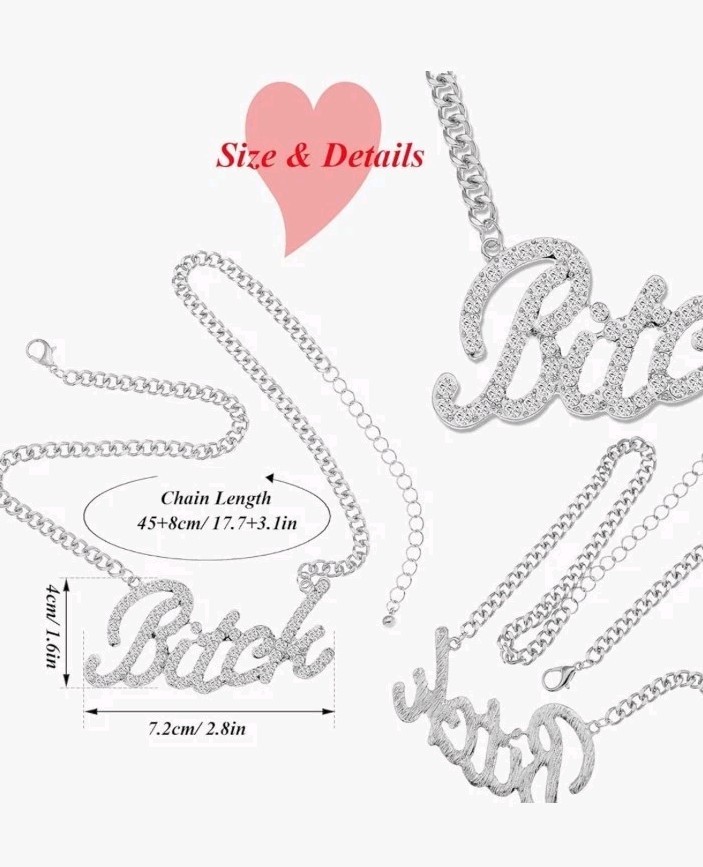 Art Deco Silver 16″ Necklace with petite Crystal Bling BITCH Pendant-20″ Chain