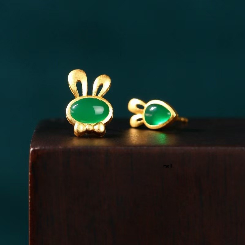 Jade Rabbit Earrings Natural Ear Studs Amulets Green Charm Carved 925 Silver