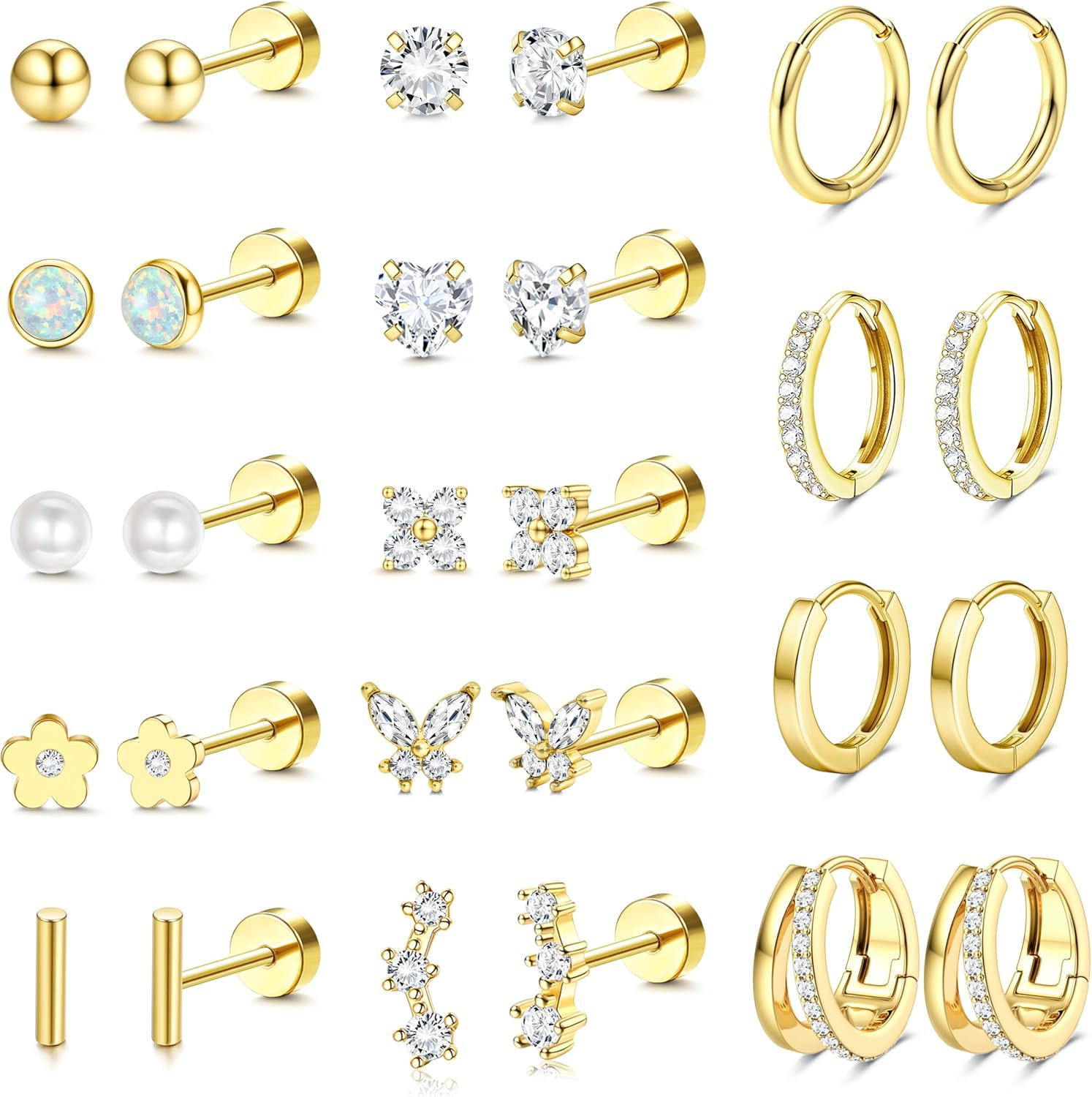 Hypoallergenic Flat Back Earrings – 14K Gold Plated Cartilage Earring Sets 20G S
