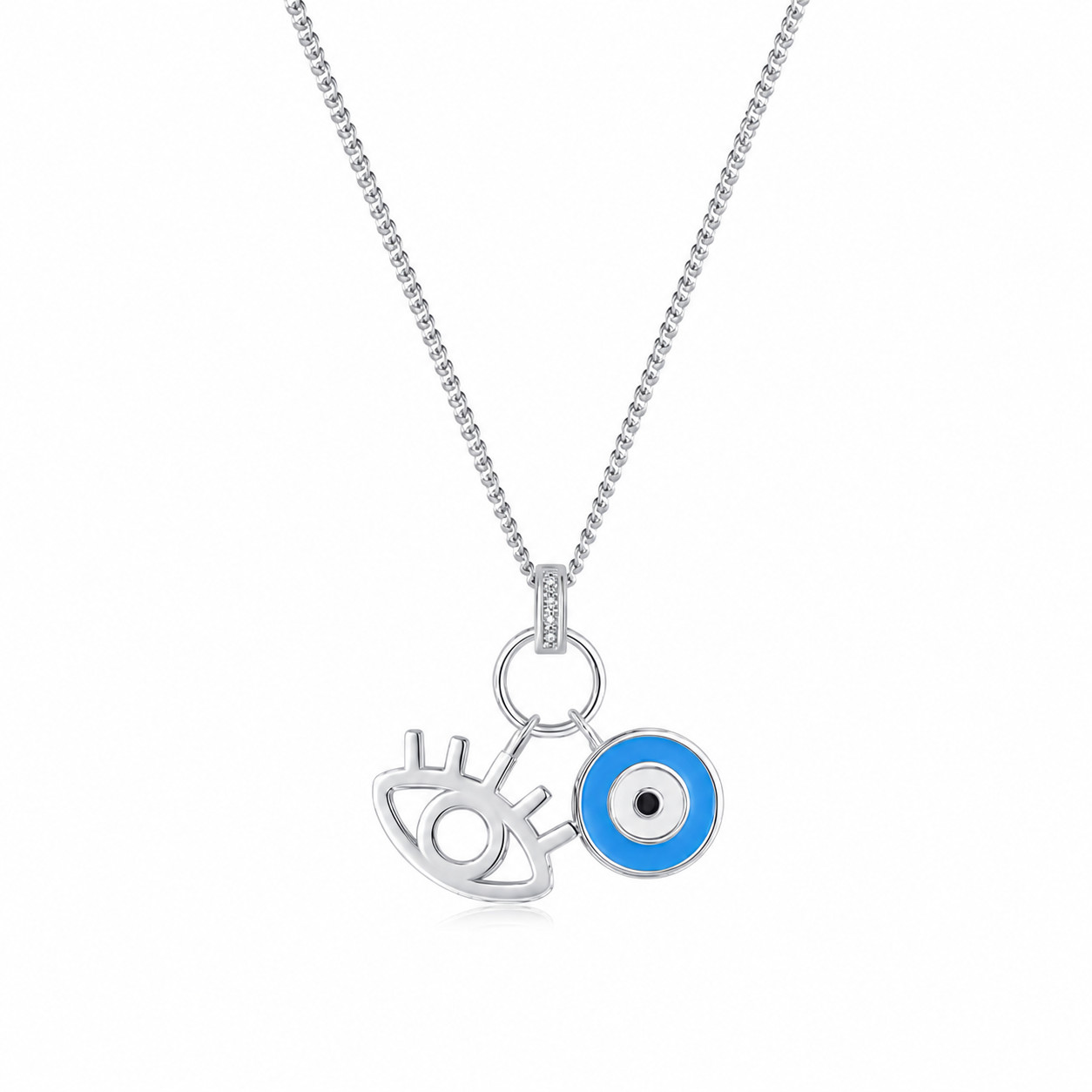 925 Sterling Silver Blue Evil Eye Double Charm CZ Pendant Necklace Protection
