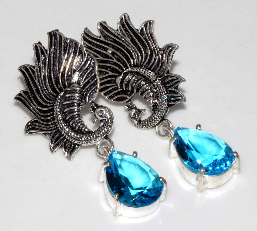 925 Silver Plated Blue Topaz Earrings Handmade Gemstone Size 1.8″ GW