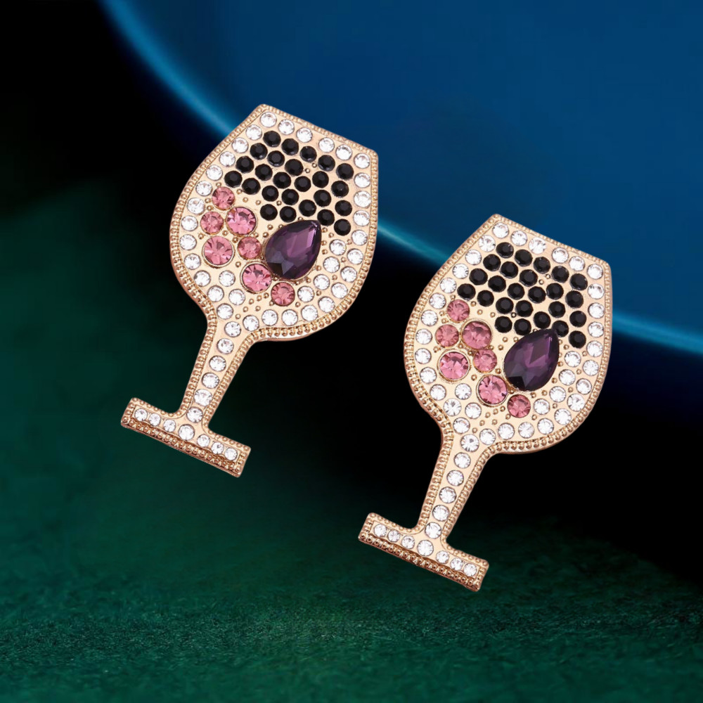 Women’s Purple Black Crystal Rhinestone Globet Wine Glass Stud Earrings