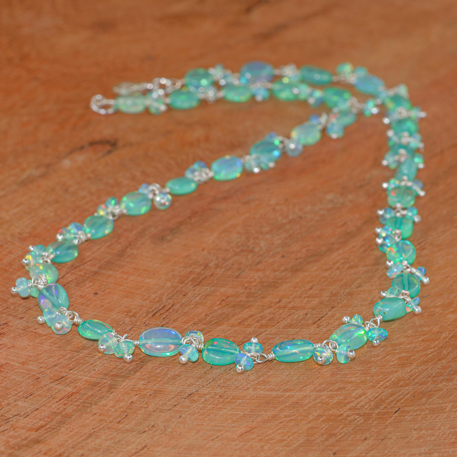 Genuine Green Opal Gemstone Tumble Beads Necklace, Multifire Green Opal Beads