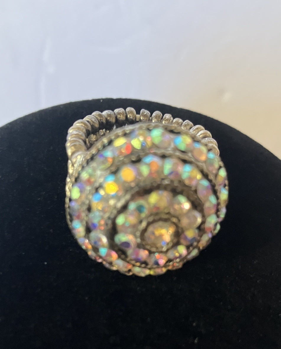 Aurora Borealis Circular Silvertone Stretch Cocktail Ring