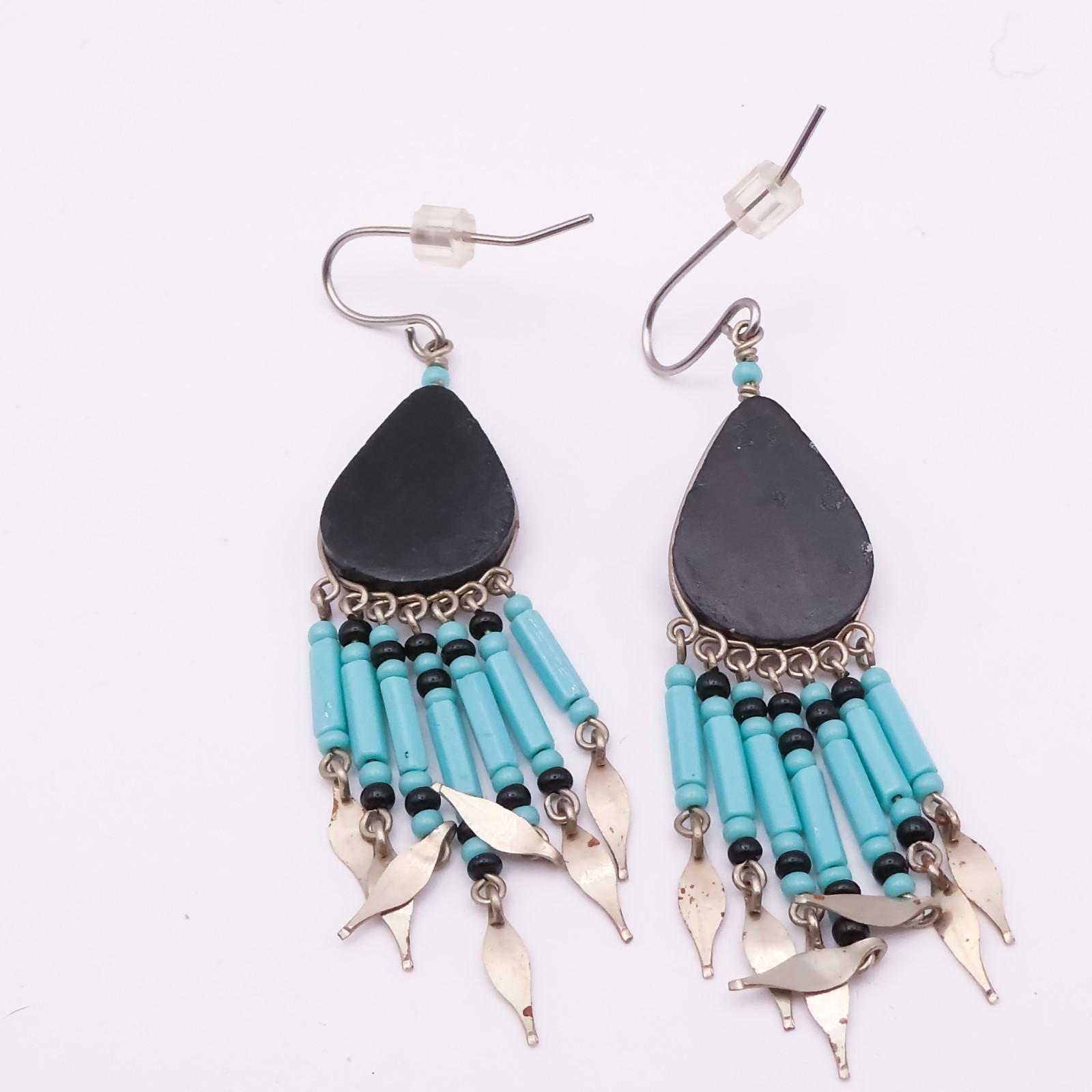 Vintage Handmade Turquoise Handpainted Chandalier Drop-Dangle 2.5″ Earrings